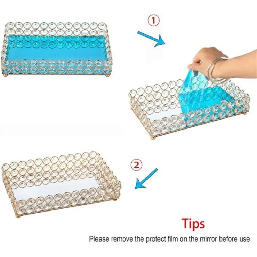 Large Crystal Rectangle Mirrored Tray Cosmetic Vanity Tray Organizer Tray